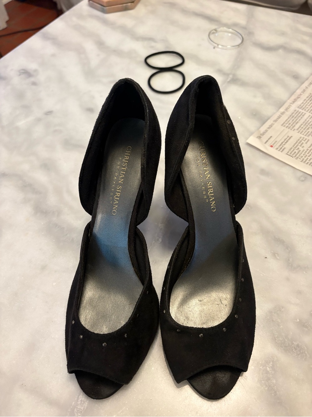 Christian Siriano Black Suede Peep-Toe Heels with Stud Detail